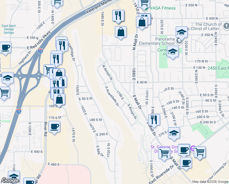 map of restaurants, bars, coffee shops, grocery stores, and more near 24 South Arroyo Drive in St. George