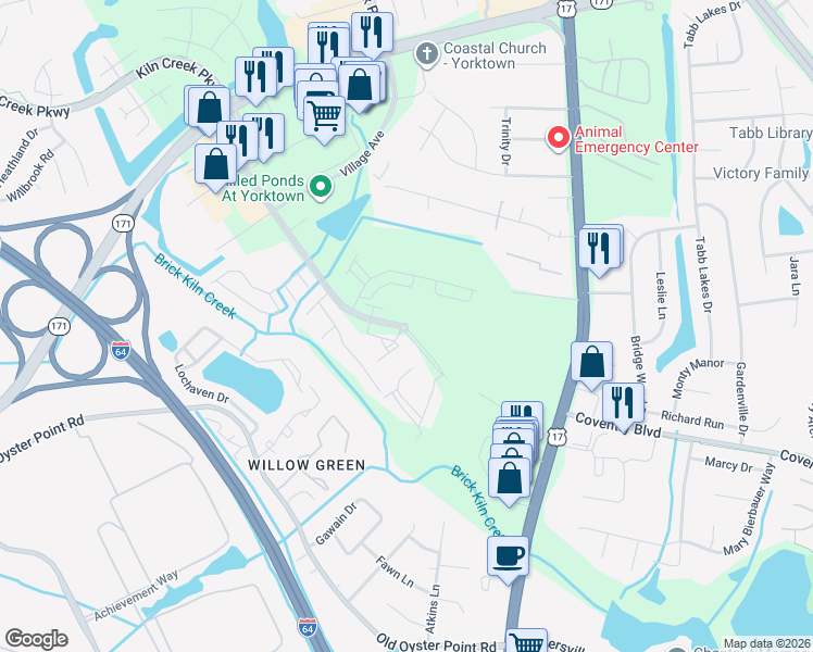 map of restaurants, bars, coffee shops, grocery stores, and more near 501 Commonwealth Drive in Yorktown
