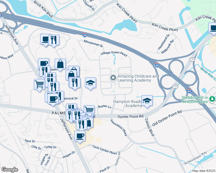 map of restaurants, bars, coffee shops, grocery stores, and more near 626 Brandywine Drive in Newport News
