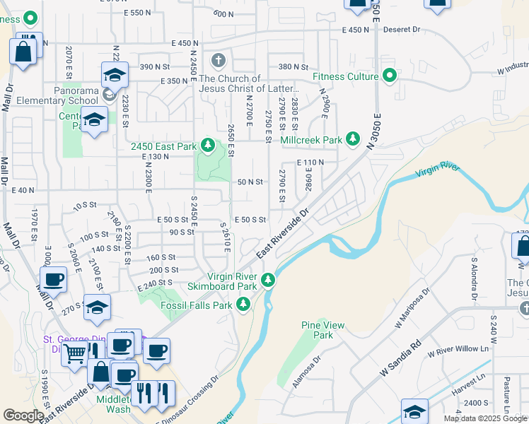 map of restaurants, bars, coffee shops, grocery stores, and more near 6 South 2750 East in St. George