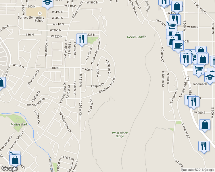 map of restaurants, bars, coffee shops, grocery stores, and more near 1038 Eclipse Drive in St. George