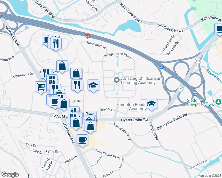map of restaurants, bars, coffee shops, grocery stores, and more near 626 Brandywine Drive in Newport News