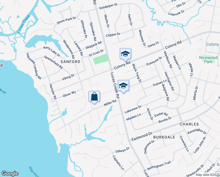 map of restaurants, bars, coffee shops, grocery stores, and more near 319 Lucas Creek Road in Newport News