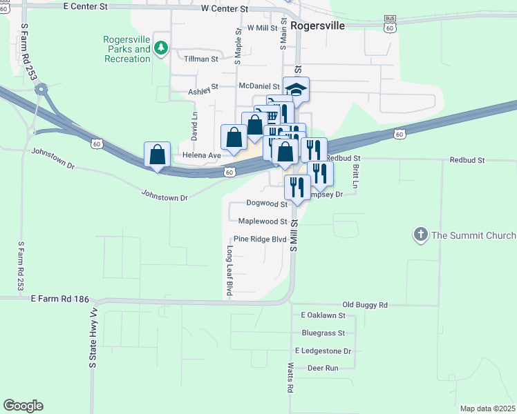 map of restaurants, bars, coffee shops, grocery stores, and more near 130 Dogwood Street in Rogersville