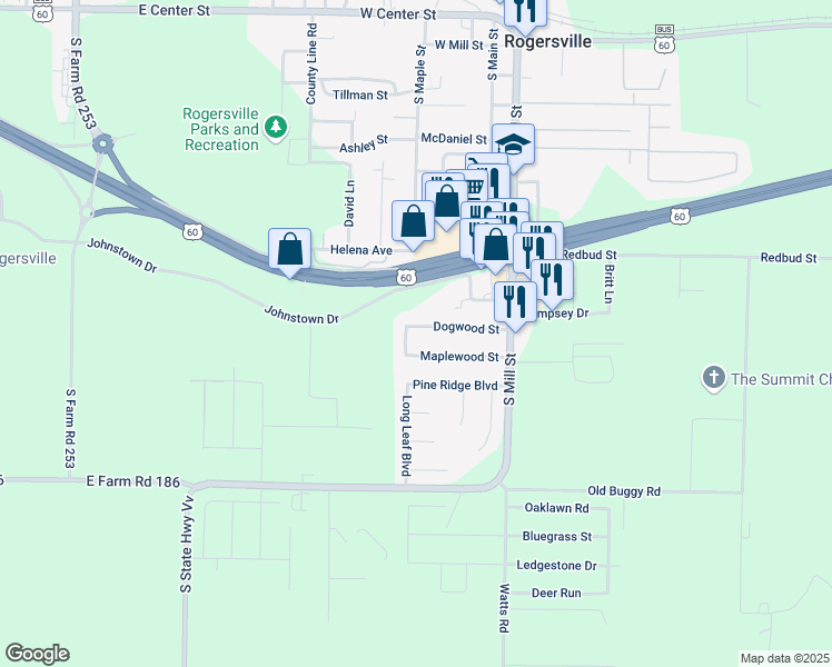 map of restaurants, bars, coffee shops, grocery stores, and more near 427 Birchwood Street in Rogersville