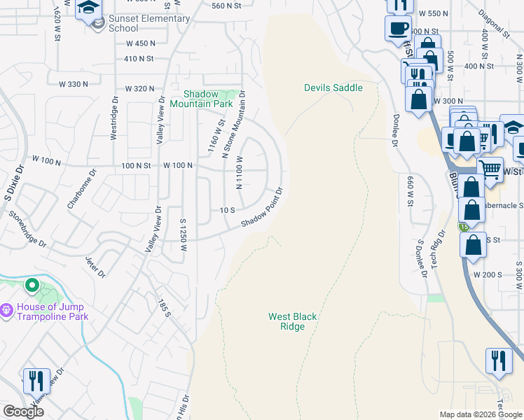 map of restaurants, bars, coffee shops, grocery stores, and more near 1024 Shadow Point Drive in St. George