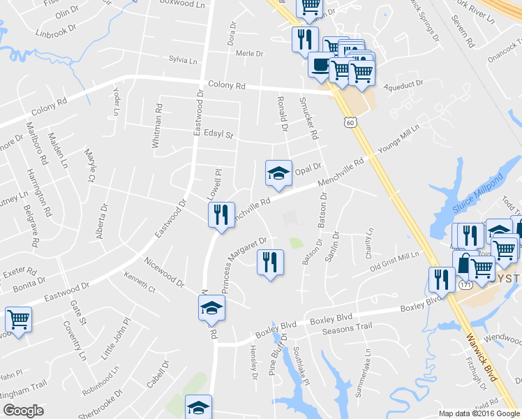 map of restaurants, bars, coffee shops, grocery stores, and more near 36 Bernard Drive in Newport News