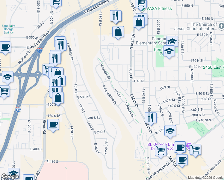 map of restaurants, bars, coffee shops, grocery stores, and more near 24 South Arroyo Drive in St. George