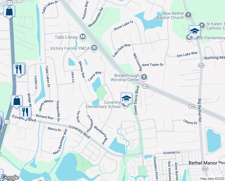 map of restaurants, bars, coffee shops, grocery stores, and more near 404 Richter Lane in Yorktown