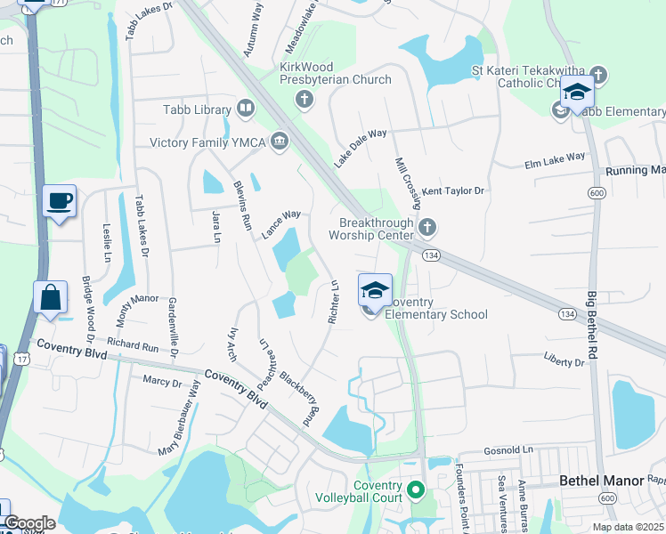 map of restaurants, bars, coffee shops, grocery stores, and more near 404 Richter Lane in Yorktown
