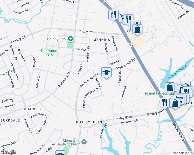 map of restaurants, bars, coffee shops, grocery stores, and more near 36 Bernard Drive in Newport News