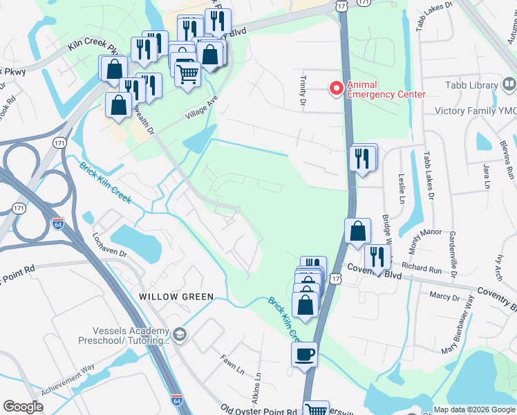 map of restaurants, bars, coffee shops, grocery stores, and more near 501 Commonwealth Drive in Yorktown