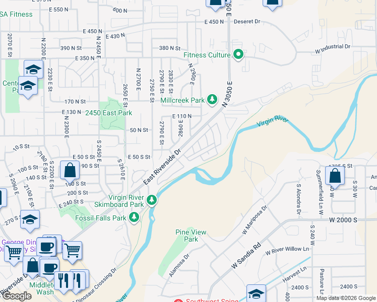 map of restaurants, bars, coffee shops, grocery stores, and more near 2990 East Riverside Drive in St. George
