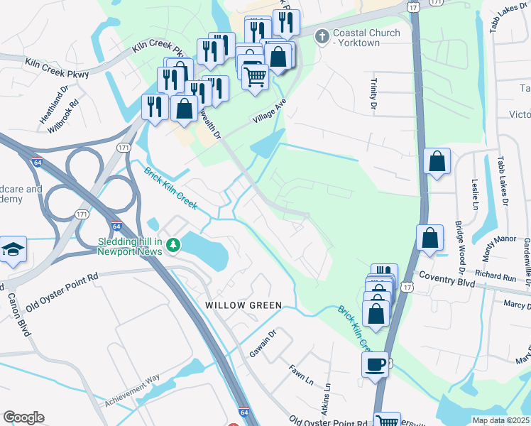 map of restaurants, bars, coffee shops, grocery stores, and more near 600 Commonwealth Drive in Yorktown