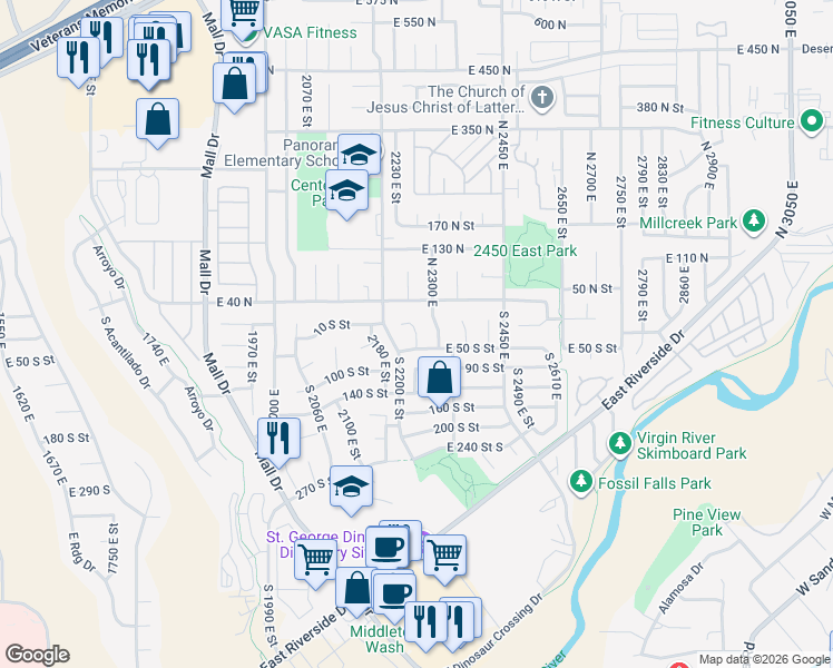 map of restaurants, bars, coffee shops, grocery stores, and more near East Crimson Circle in St. George