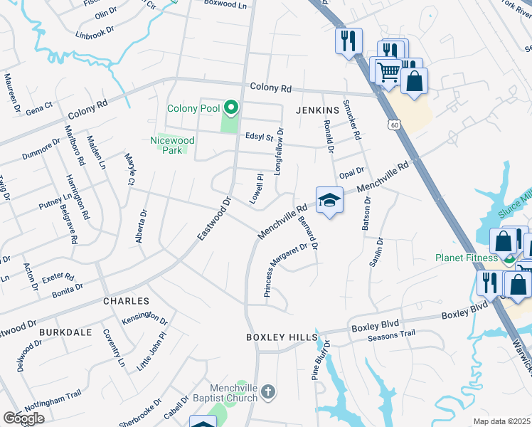 map of restaurants, bars, coffee shops, grocery stores, and more near 145 Bret Harte Drive in Newport News