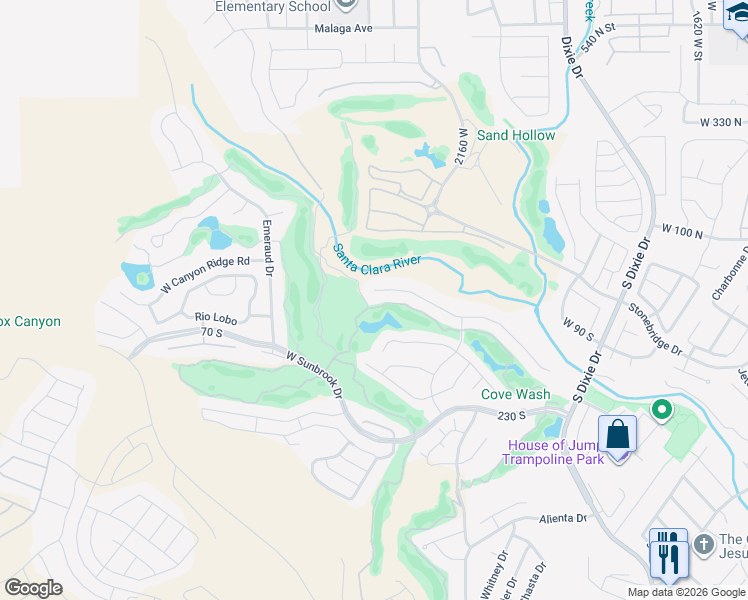 map of restaurants, bars, coffee shops, grocery stores, and more near 2287 Rivers Edge Ln in St George