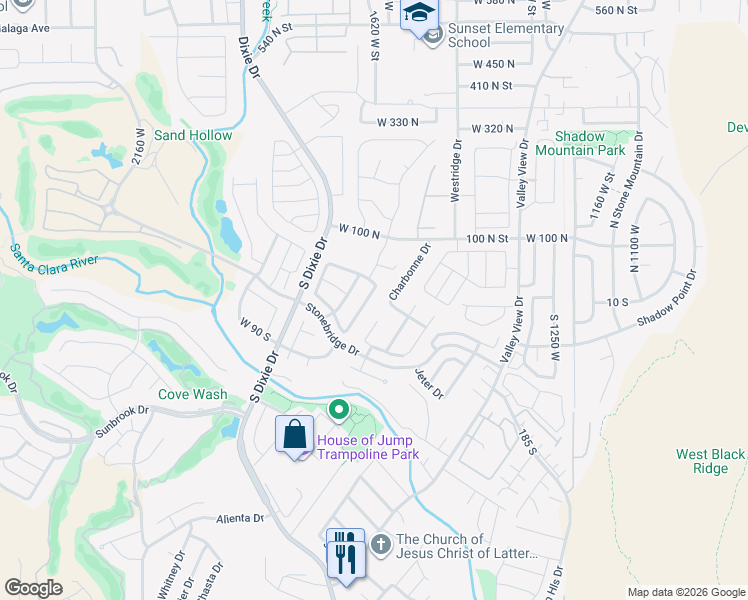 map of restaurants, bars, coffee shops, grocery stores, and more near 15 Charbonne Drive in St. George