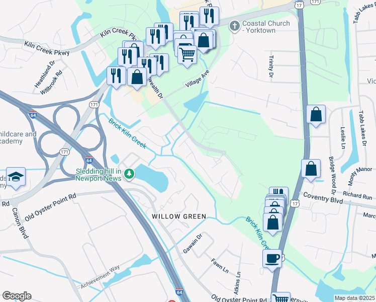 map of restaurants, bars, coffee shops, grocery stores, and more near 821 Miller Creek Lane in Newport News