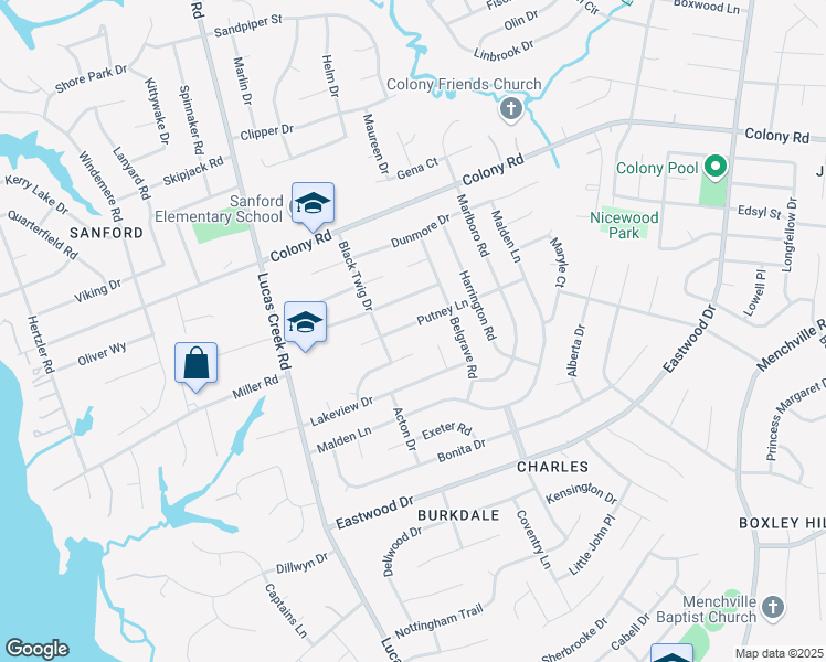 map of restaurants, bars, coffee shops, grocery stores, and more near 457 Putney Lane in Newport News