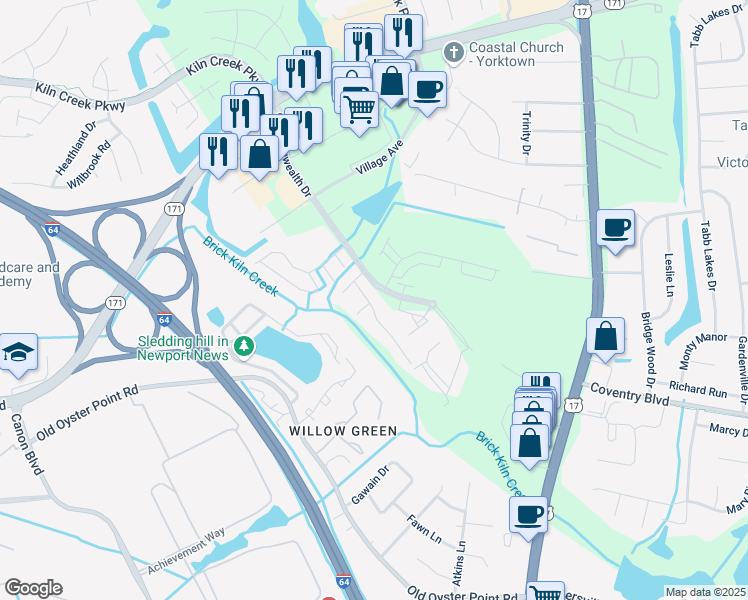 map of restaurants, bars, coffee shops, grocery stores, and more near 600 Commonwealth Drive in Yorktown