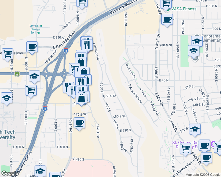 map of restaurants, bars, coffee shops, grocery stores, and more near 1609 East 10 South Street in St. George