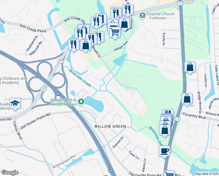 map of restaurants, bars, coffee shops, grocery stores, and more near 736 Oak Mill Lane in Newport News