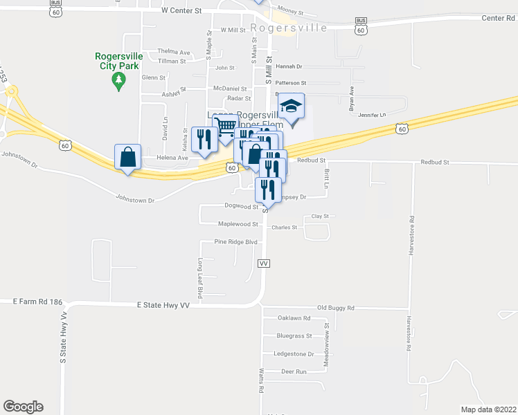 map of restaurants, bars, coffee shops, grocery stores, and more near 130 Dogwood Street in Rogersville