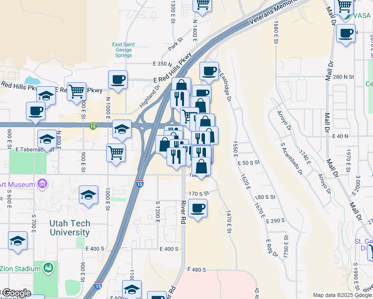 map of restaurants, bars, coffee shops, grocery stores, and more near 22 South River Road in St. George