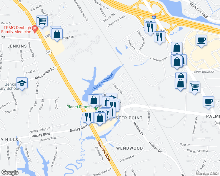 map of restaurants, bars, coffee shops, grocery stores, and more near 675 Todd Trail in Newport News