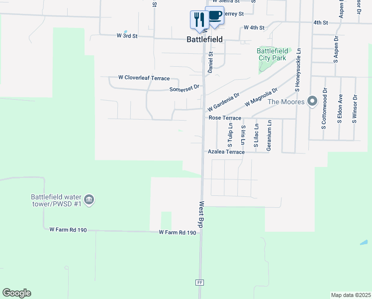 map of restaurants, bars, coffee shops, grocery stores, and more near 5845 South State Highway Ff in Brookline