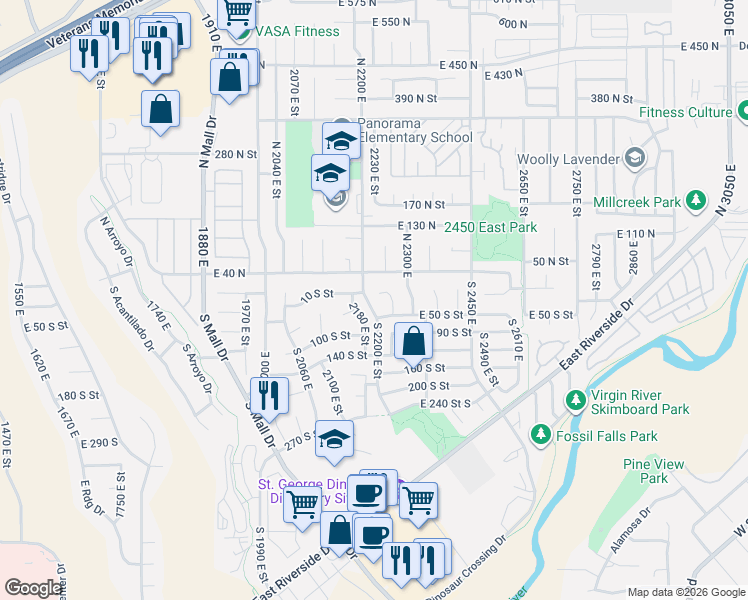 map of restaurants, bars, coffee shops, grocery stores, and more near 2226 East Crimson Circle in St. George