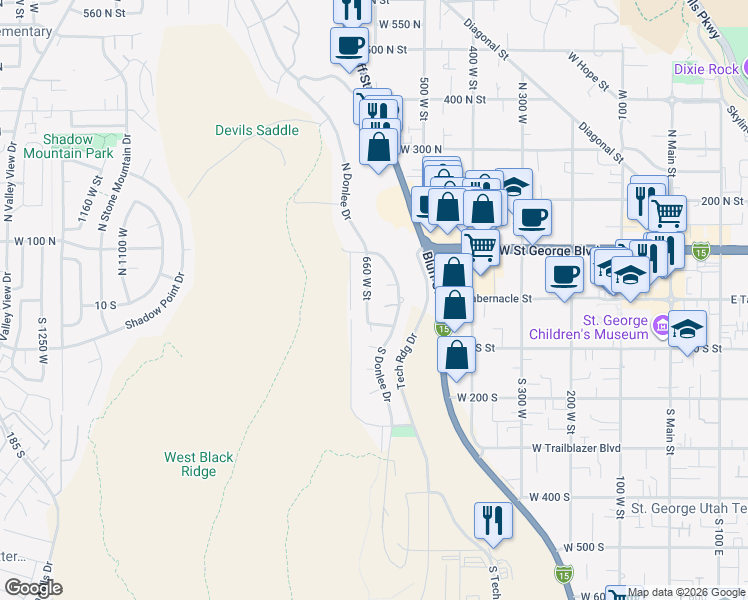 map of restaurants, bars, coffee shops, grocery stores, and more near 19 North 660 West in St. George