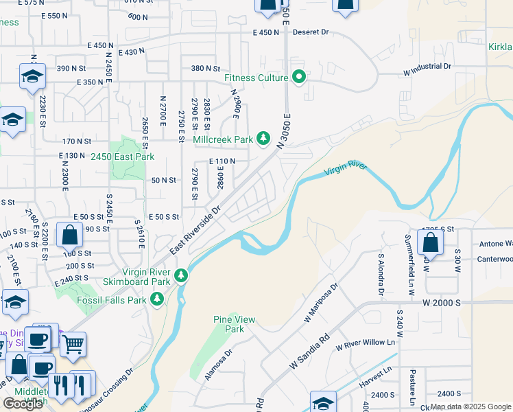 map of restaurants, bars, coffee shops, grocery stores, and more near 2990 East Riverside Drive in St. George