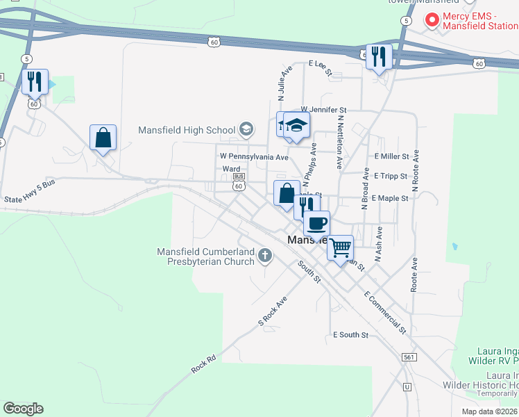 map of restaurants, bars, coffee shops, grocery stores, and more near 115 West Clinton Street in Mansfield