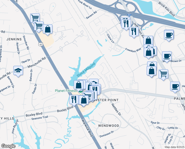 map of restaurants, bars, coffee shops, grocery stores, and more near 673 Todd Trail in Newport News