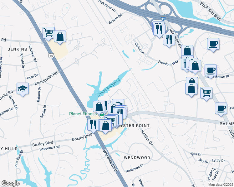 map of restaurants, bars, coffee shops, grocery stores, and more near 673 Todd Trail in Newport News