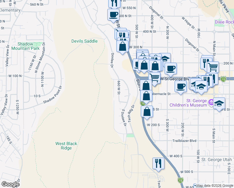 map of restaurants, bars, coffee shops, grocery stores, and more near 19 North 660 West in St. George