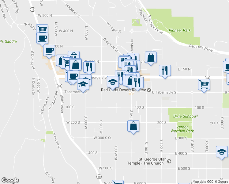 map of restaurants, bars, coffee shops, grocery stores, and more near 121 Tabernacle Street in St. George
