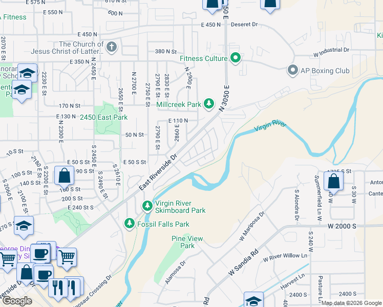 map of restaurants, bars, coffee shops, grocery stores, and more near 2990 East Riverside Drive in St. George
