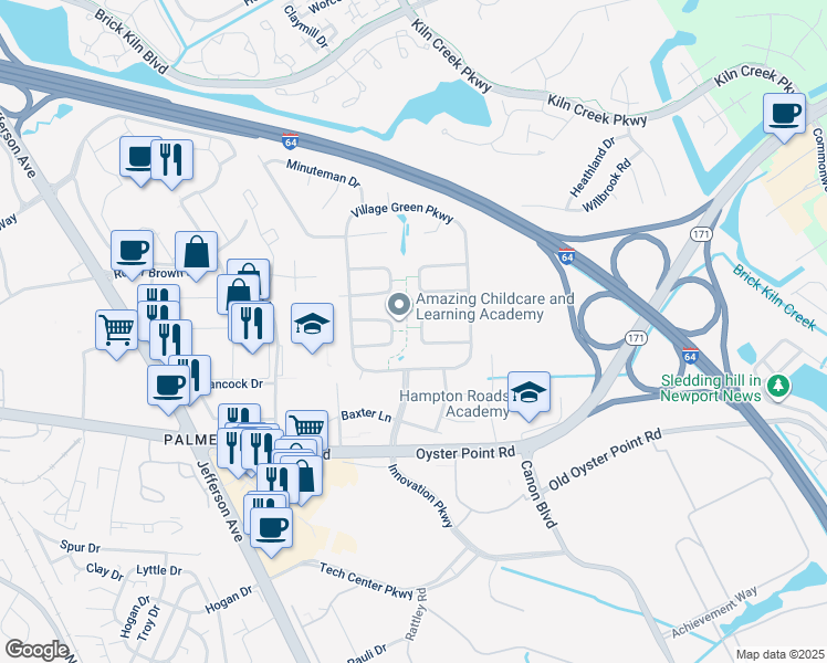 map of restaurants, bars, coffee shops, grocery stores, and more near 718 Prescott Circle in Newport News