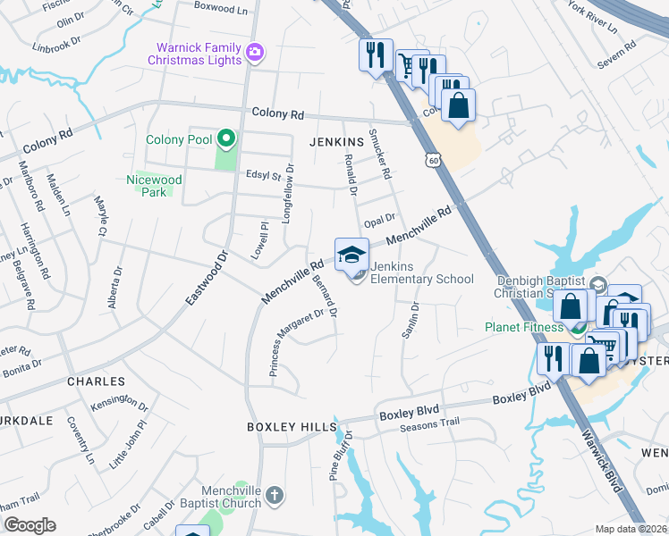 map of restaurants, bars, coffee shops, grocery stores, and more near 75 Menchville Road in Newport News