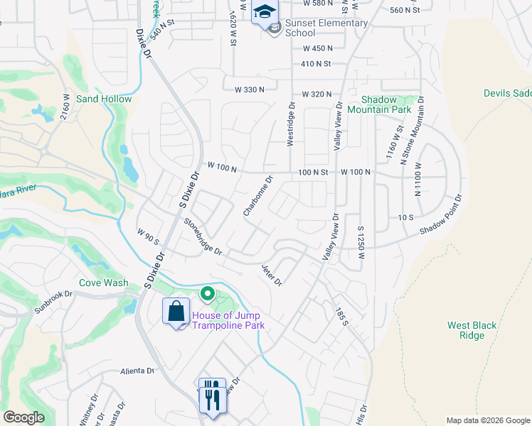map of restaurants, bars, coffee shops, grocery stores, and more near 39 North Valley View Drive in St. George