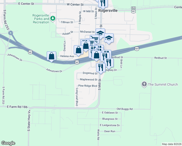 map of restaurants, bars, coffee shops, grocery stores, and more near 125 Maplewood Street in Rogersville