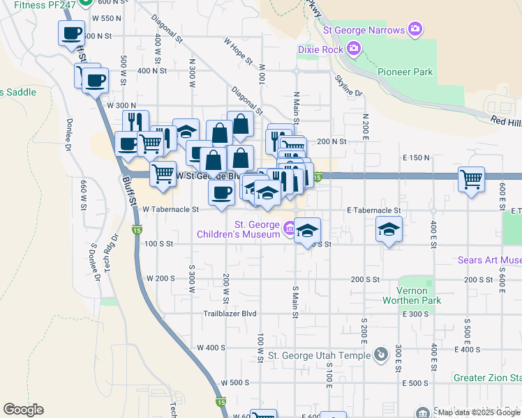 map of restaurants, bars, coffee shops, grocery stores, and more near 100 Tabernacle Street in St. George