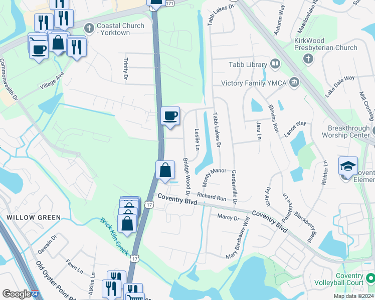 map of restaurants, bars, coffee shops, grocery stores, and more near 407 Bridge Wood Drive in Yorktown