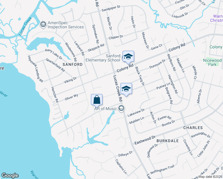 map of restaurants, bars, coffee shops, grocery stores, and more near 319 Lucas Creek Road in Newport News