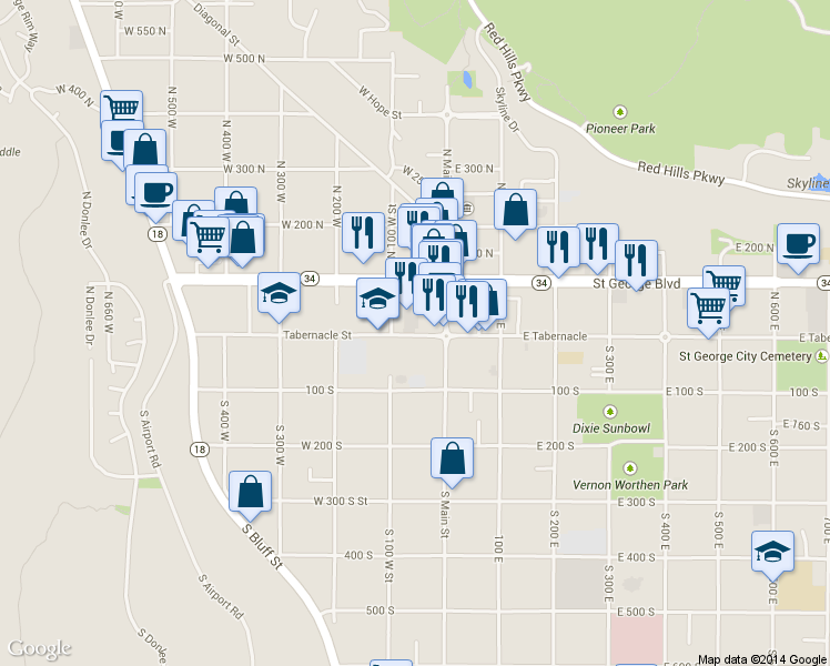 map of restaurants, bars, coffee shops, grocery stores, and more near St. George W Tabernacle in St George