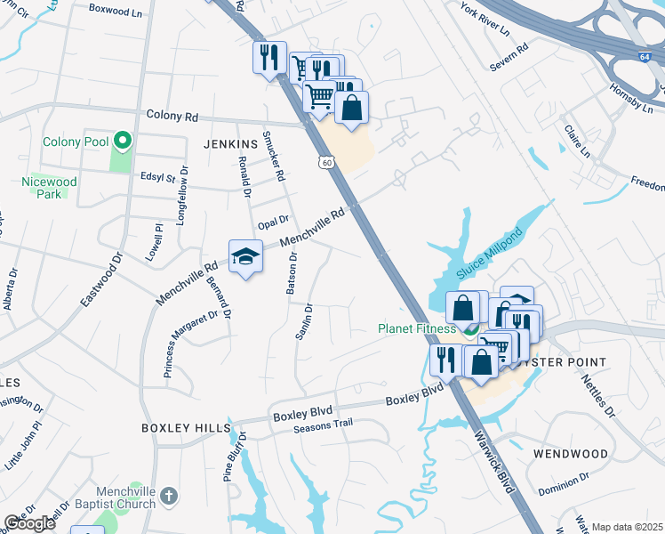 map of restaurants, bars, coffee shops, grocery stores, and more near 298 Sanlin Drive in Newport News