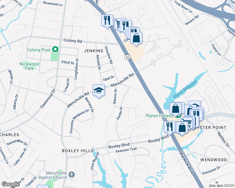 map of restaurants, bars, coffee shops, grocery stores, and more near 292 Batson Drive in Newport News